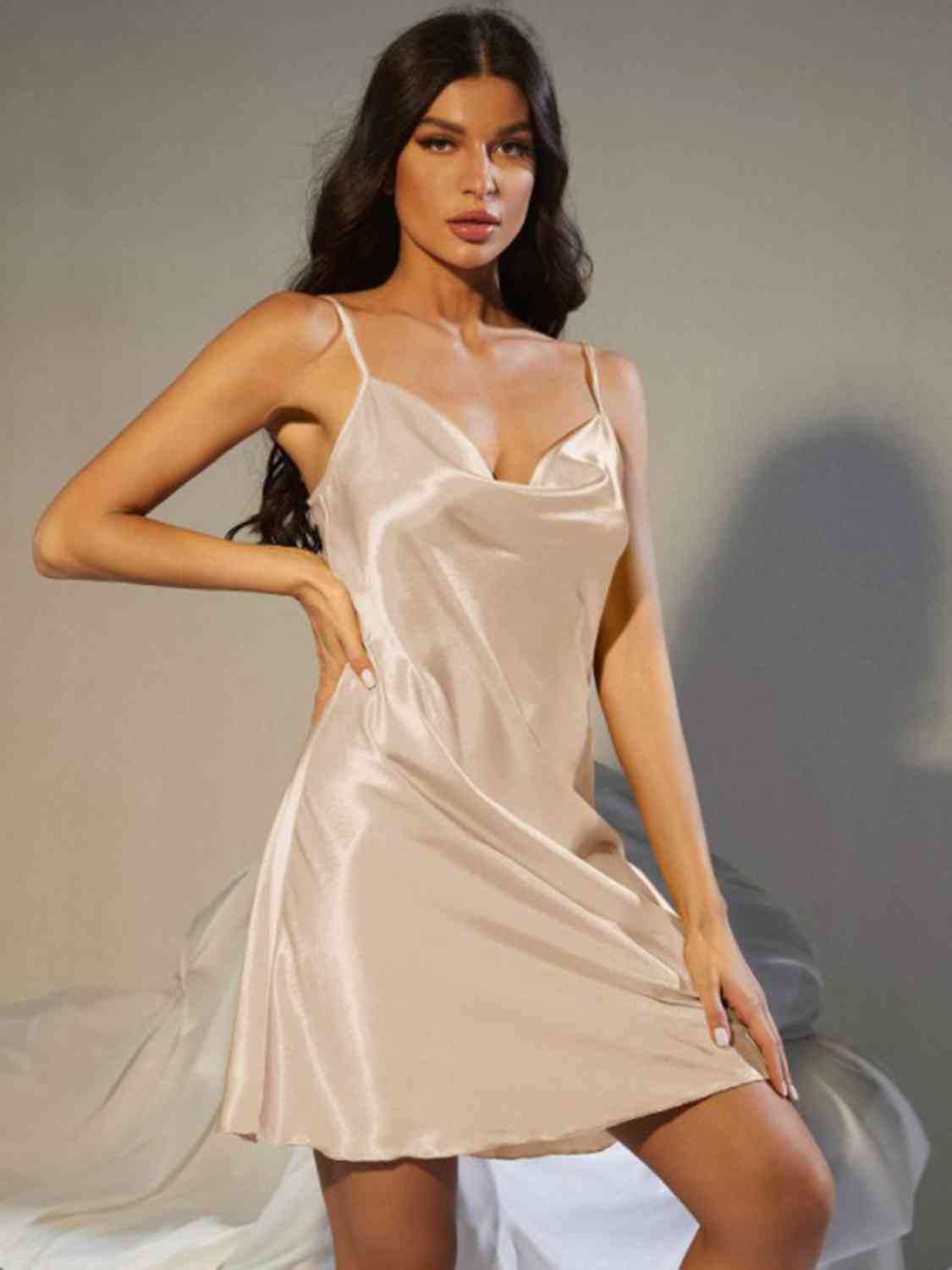 100% Satin Nightgown Women's Spaghetti Strap Cowl Neck Satin Night Dress Pajamas Loungewear