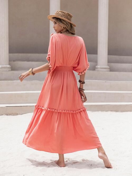 Tassel Trim Smocked V-Neck Short Sleeve Maxi Dress