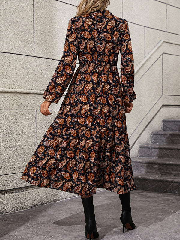 Womens Paisley Printed Long Sleeve Collared Casual Midi Dress