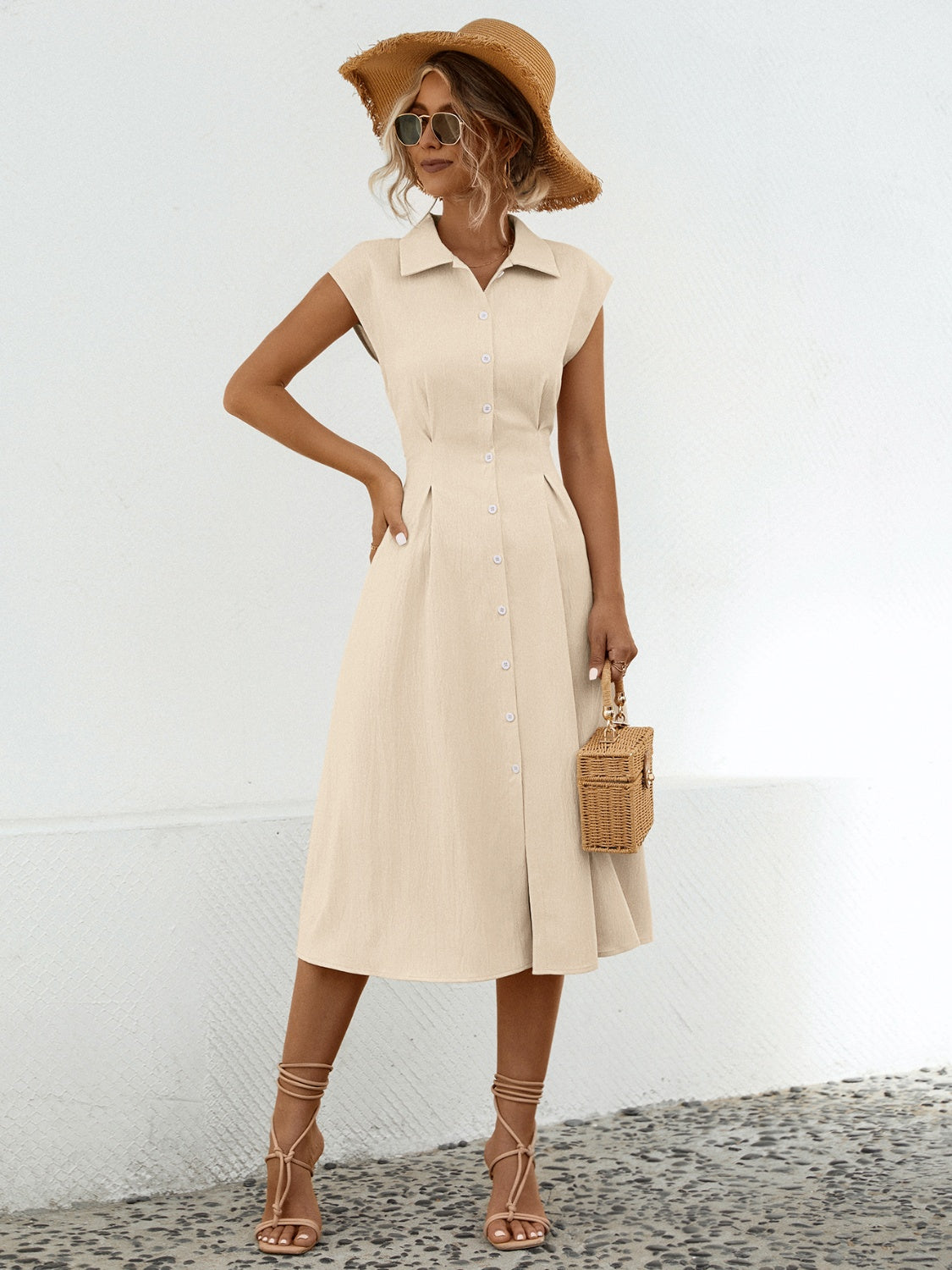 Casual Back Tie Short Sleeve Collar Dress New Women's Fashion Button Up Cap Sleeve Midi Dress