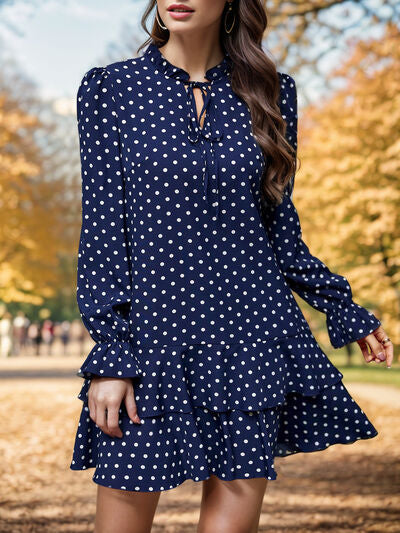 Layered Polka Dot Flounce Sleeve Mini Short Dress, Casual Dress, Casual Work Dress New Womens Fashion