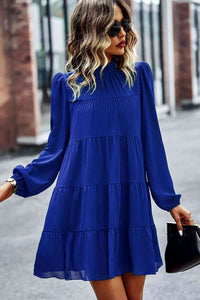 Womens Casual Tied Ruffle Collar Puff Sleeve Mini Dress