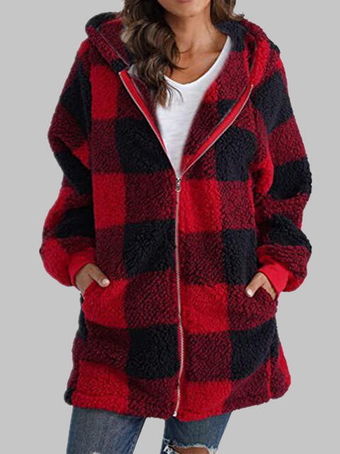 Checkered Plaid Zip-Up Hooded Jacket with Pockets