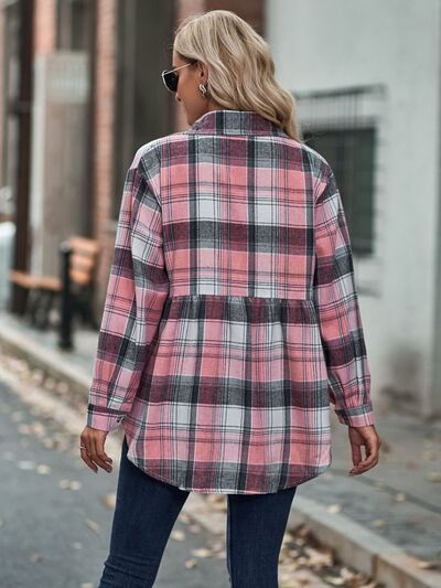 Plaid Button Up Dropped Shoulder Long Sleeve Shirt