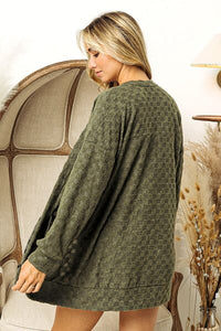 Olive Green Checkered Long Sleeve Open Front Sweater Cardigan