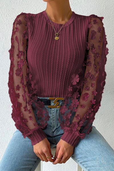 Womens Flower Sheer Top Double Take Textured Applique Long Sleeve Blouse