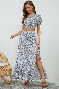 Matching Outfit Set Printed Asymmetrical Cropped Top and High Slit Skirt Two Piece Fashion et