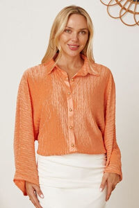 Textured Orange Button Up Long Sleeve Shirt Womens Fashion Clothing