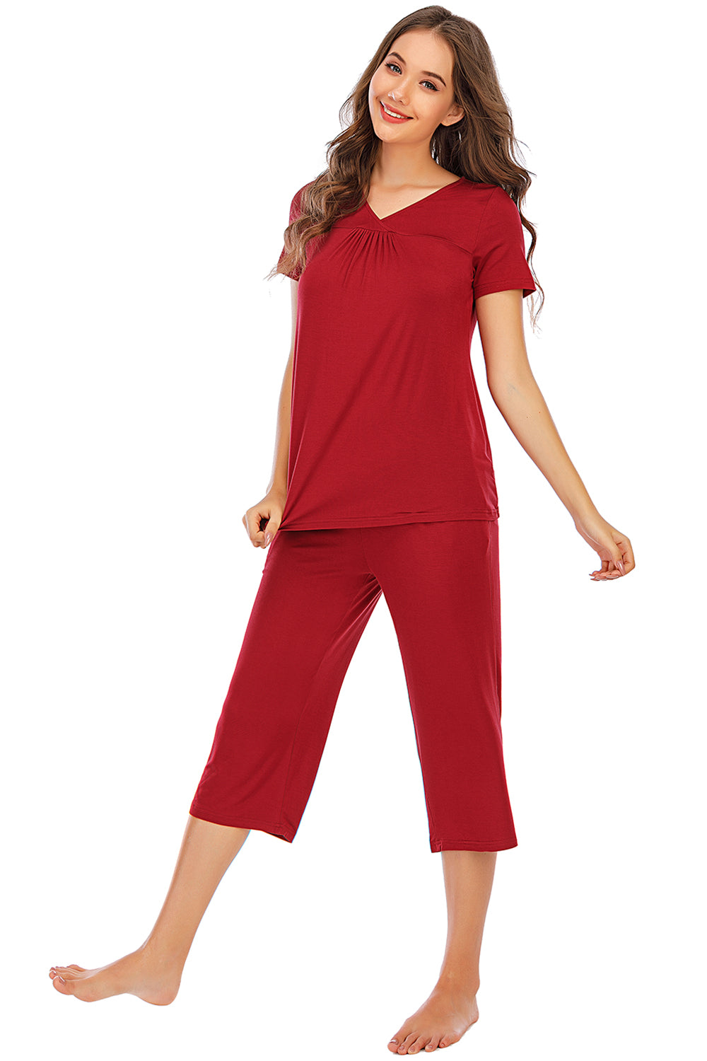 Pajama Set Women's V-Neck Short Sleeve Top and Pants Lounge Set