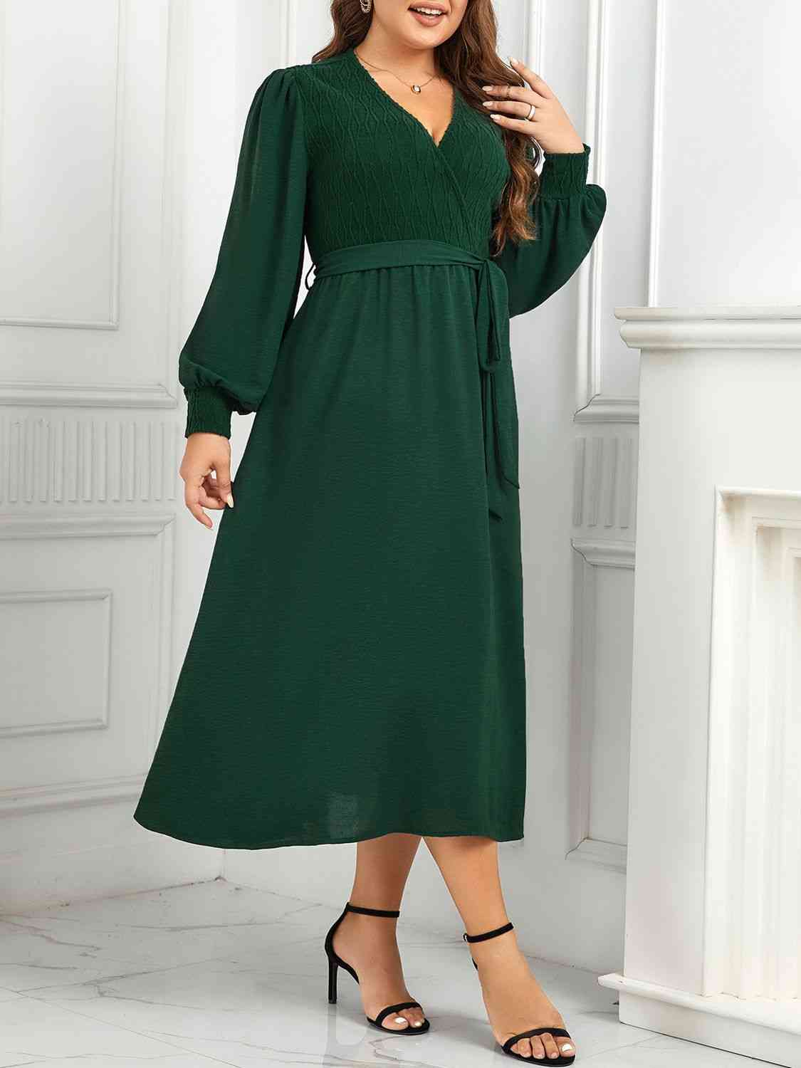 Plus Size Dress Green Surplice Neck Tie Waist Long Sleeve Midi Dress Casual Wear and Workwear