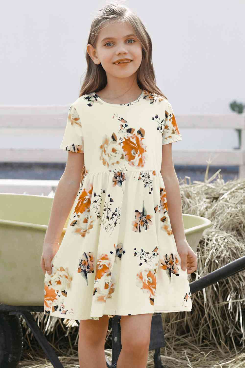 Girls Floral Short Sleeve Round Neck Dress Kids Fashion Clothing