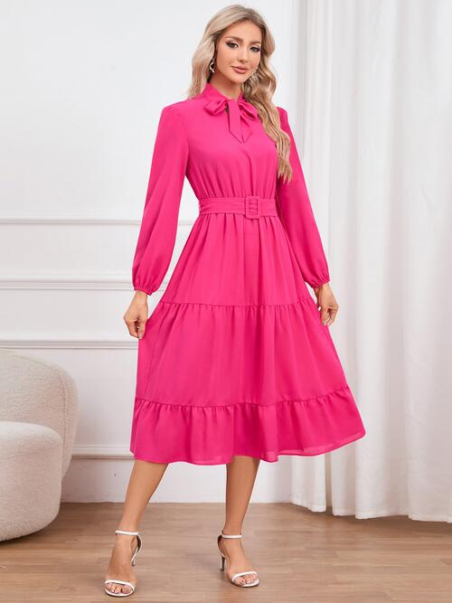 Womens Fashion Tie Neck Long Sleeve Tiered Midi Dress