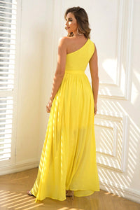 Womens Fashion Cutout One-Shoulder Tie Waist Yellow Maxi  Dress