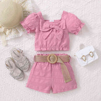 Kids Textured Bow Detail Top and Belted Shorts Set Baby Fashion Girls Babies Fashion and Gifts