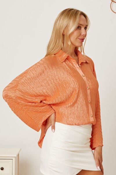 Textured Orange Button Up Long Sleeve Shirt Womens Fashion Clothing