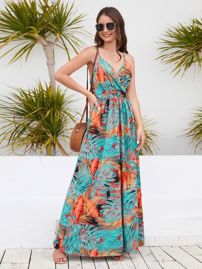 Vacation Jungle Printed Surplice Spaghetti Strap Maxi Dress