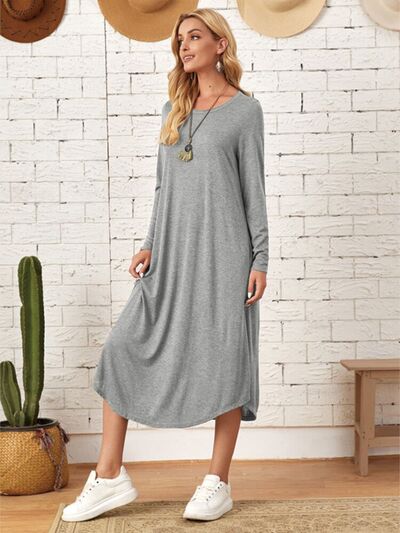 Women's Casual Maxi T-Shirt Dress With Pockets Loungewear Fashion Pocketed Round Neck Long Sleeve Tee Dress