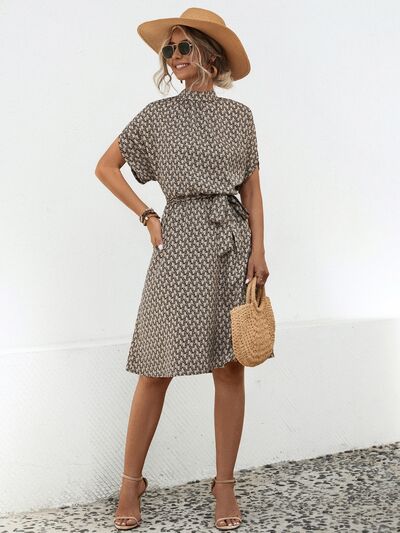 Waist Tied Black and White Printed Mock Neck Short Sleeve Dress