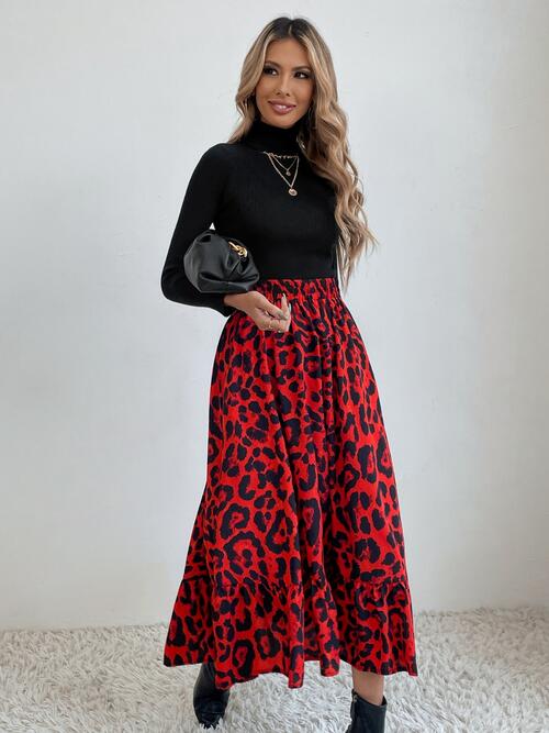 Printed Ruffle Hem Midi Skirt