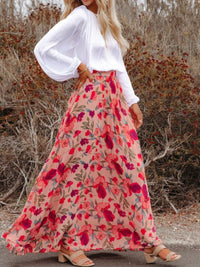 Floral Printed Elastic Waist Pleated Maxi Skirt