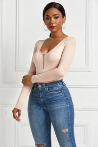 Half Zip Scoop Neck Long Sleeve Top Womens Shirt Bodysuit