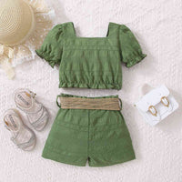 Kids Textured Bow Detail Top and Belted Shorts Set Baby Fashion Girls Babies Fashion and Gifts