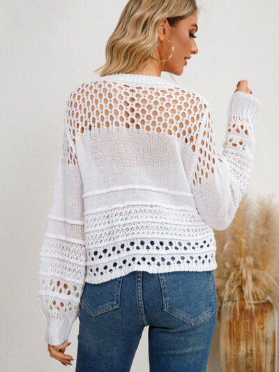 Womens Crochet Sweater Long Sleeve Casual Cutout Round Neck Knit Top