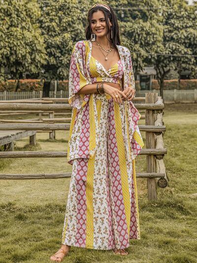 Matching Outfit Set Boho Printed Crop Top Cami Open Front Cover Up Kimono and Wide Leg Pants Set Three piece fashion outfit set KESLEY