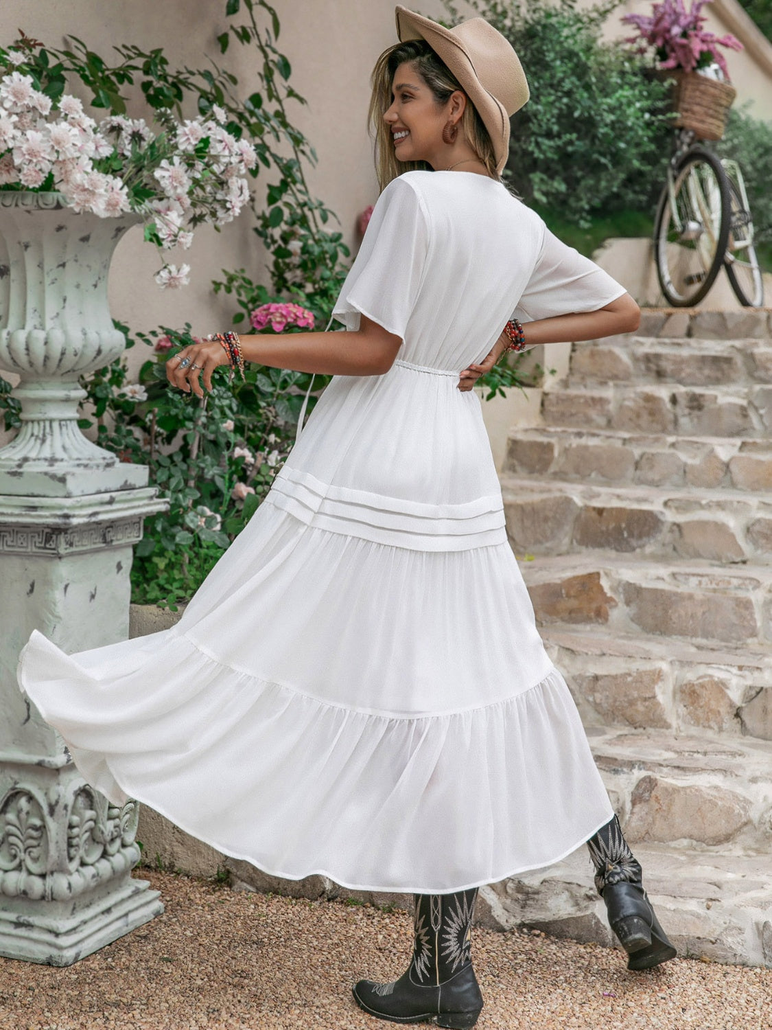 White Tie Neck Dress Women's Short Sleeve Ruffle Hem Maxi Dress