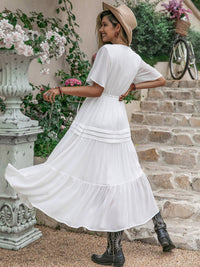 White Tie Neck Dress Women's Short Sleeve Ruffle Hem Maxi Dress