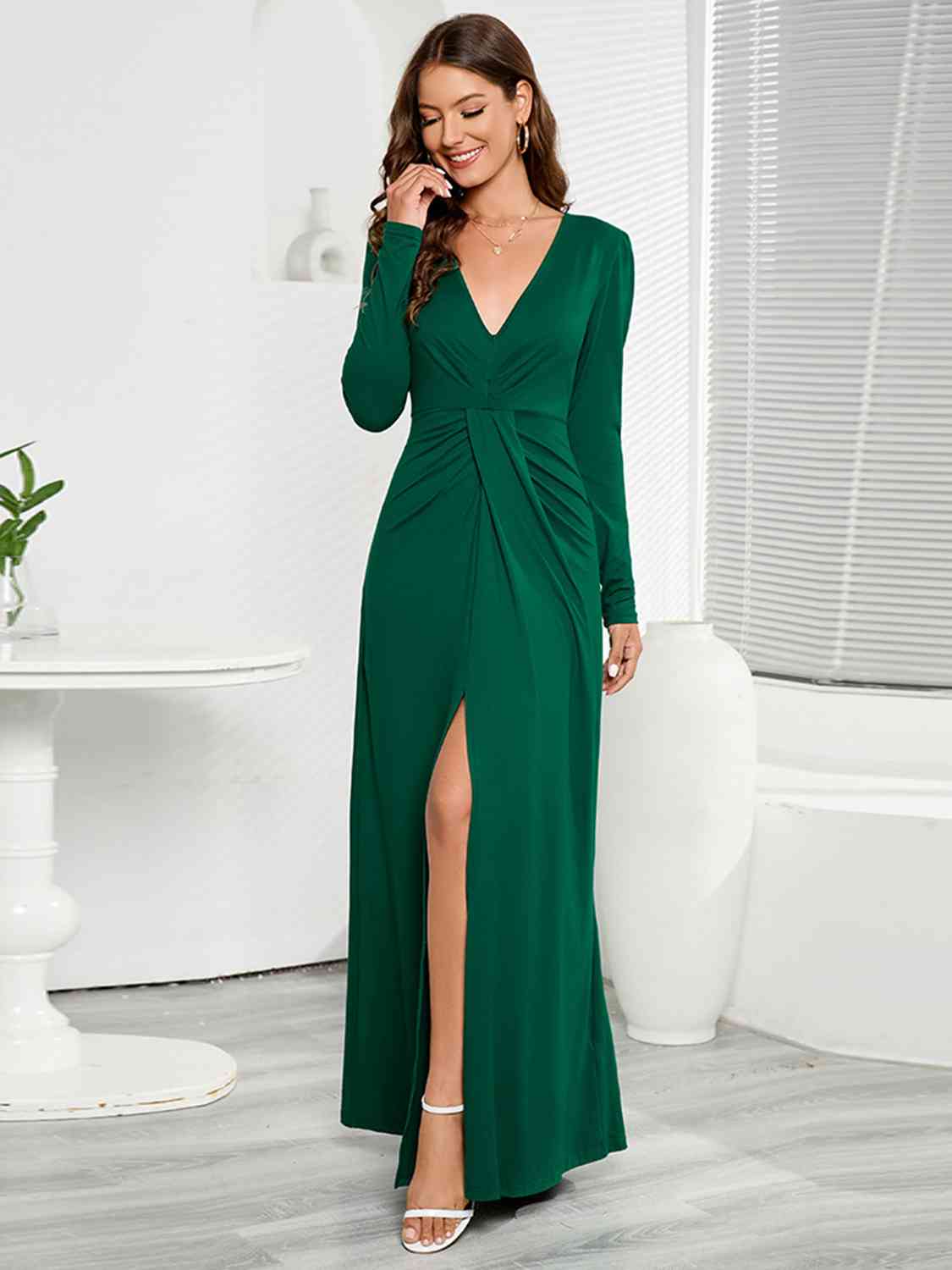 Women's V-Neck Long Sleeve Split  High Slit Maxi Dress