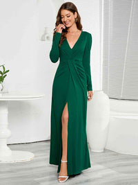 Women's V-Neck Long Sleeve Split  High Slit Maxi Dress