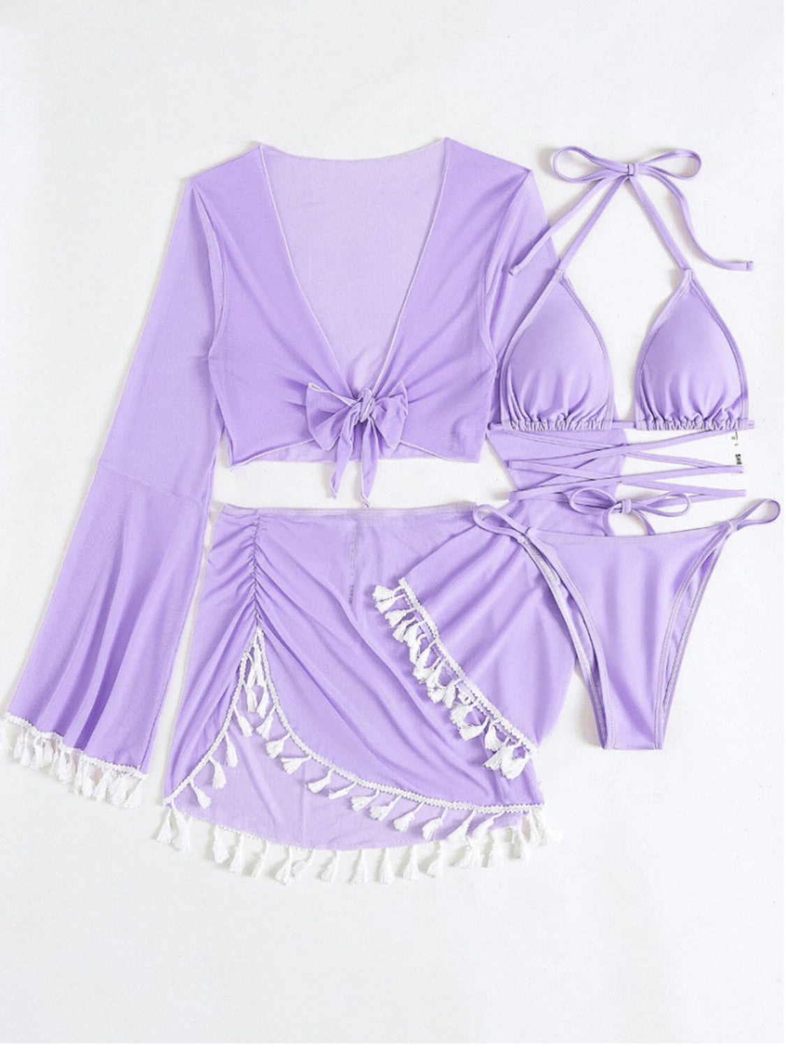 Bikini and Cover Up Set  4 piece Set - Triangle Bikini Bra Bikini Bottoms Tassel Flare Sleeve Cropped Cover-Up Top and Matching Skirt , Two Piece Bikini with Cover Up Set