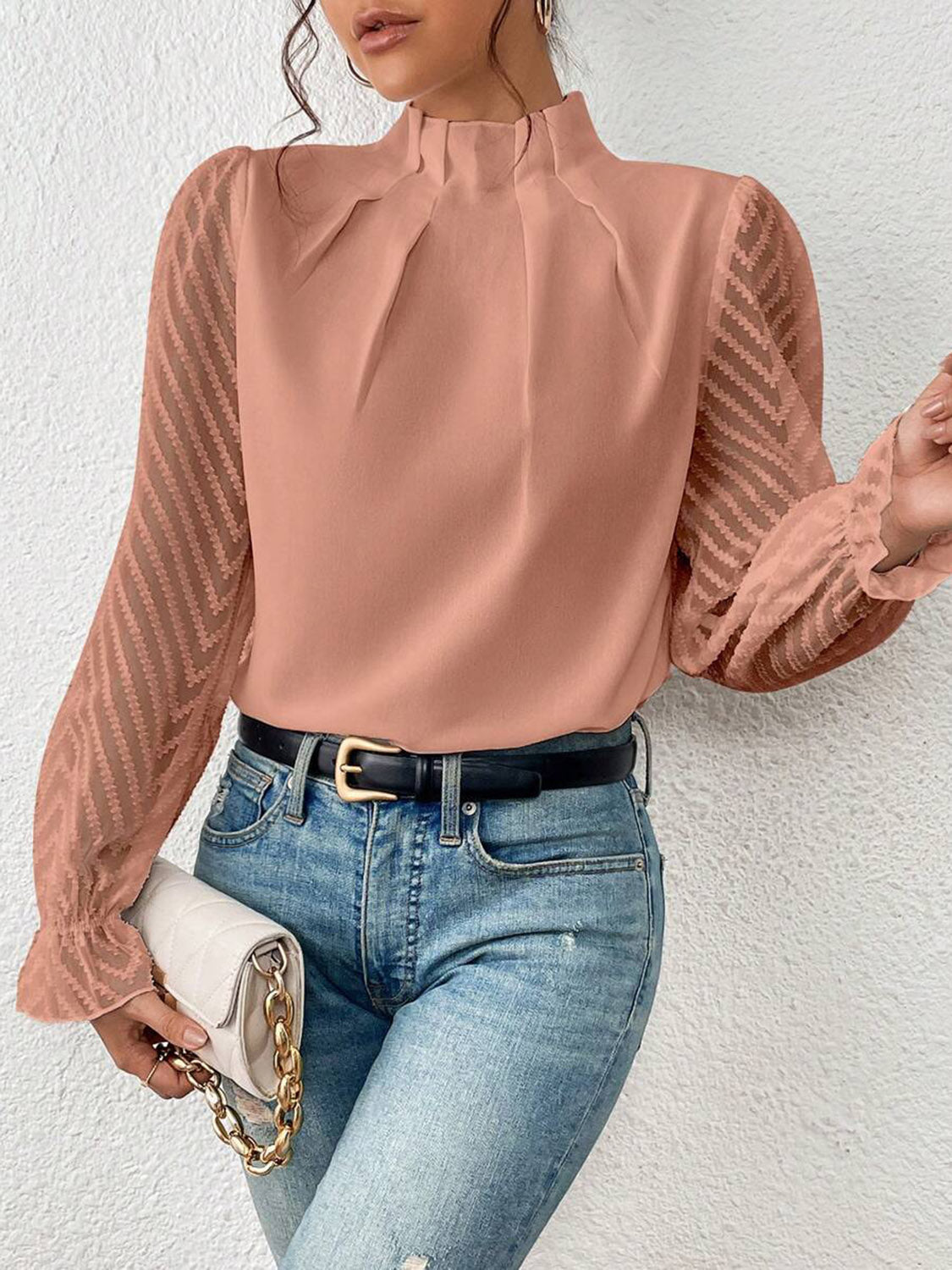 Mock Neck Flounce Fashionable Sheer Sleeve Blouse