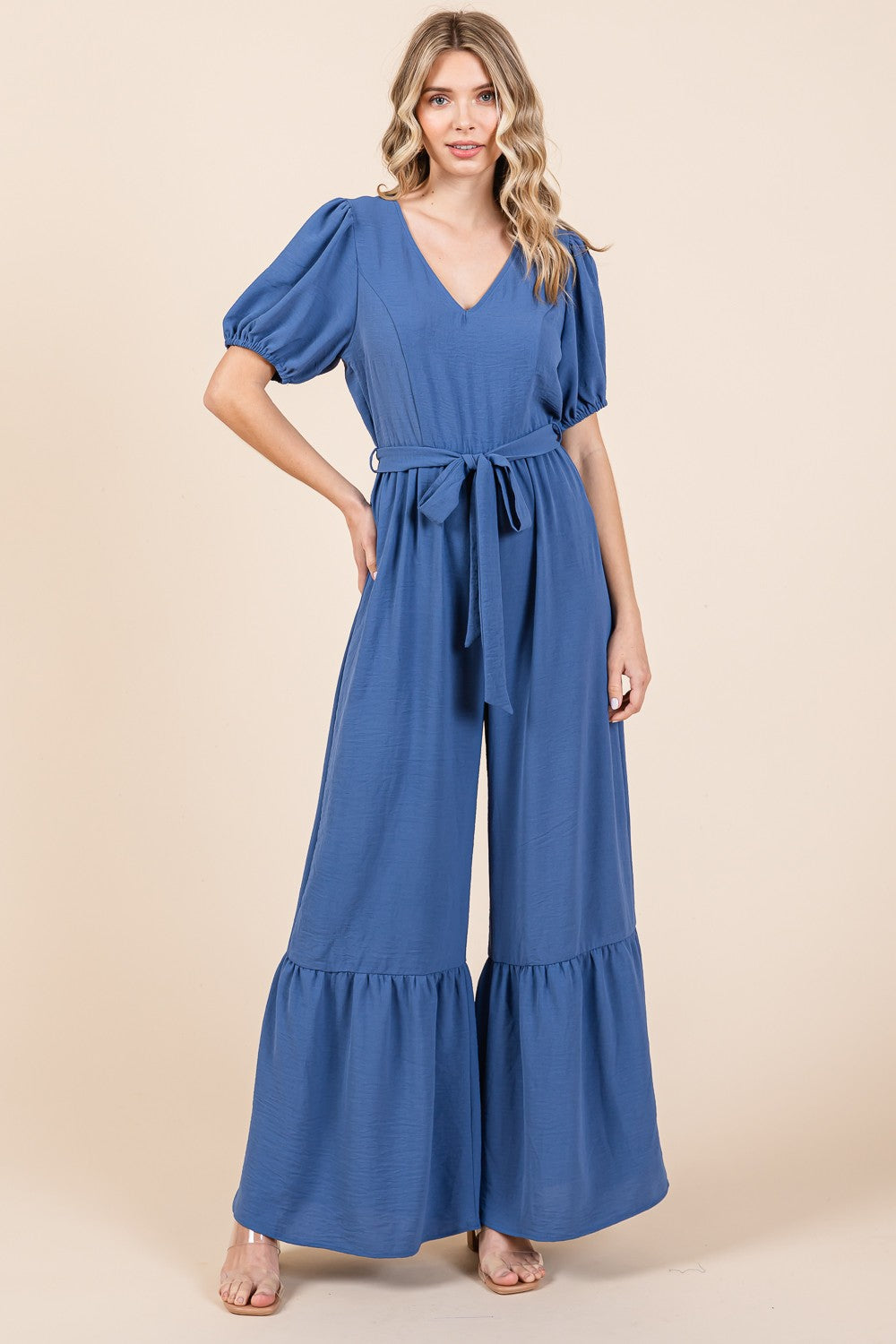 V-Neck Belted Wide Leg Jumpsuit Petite and Plus Size Fashion Pants Romper