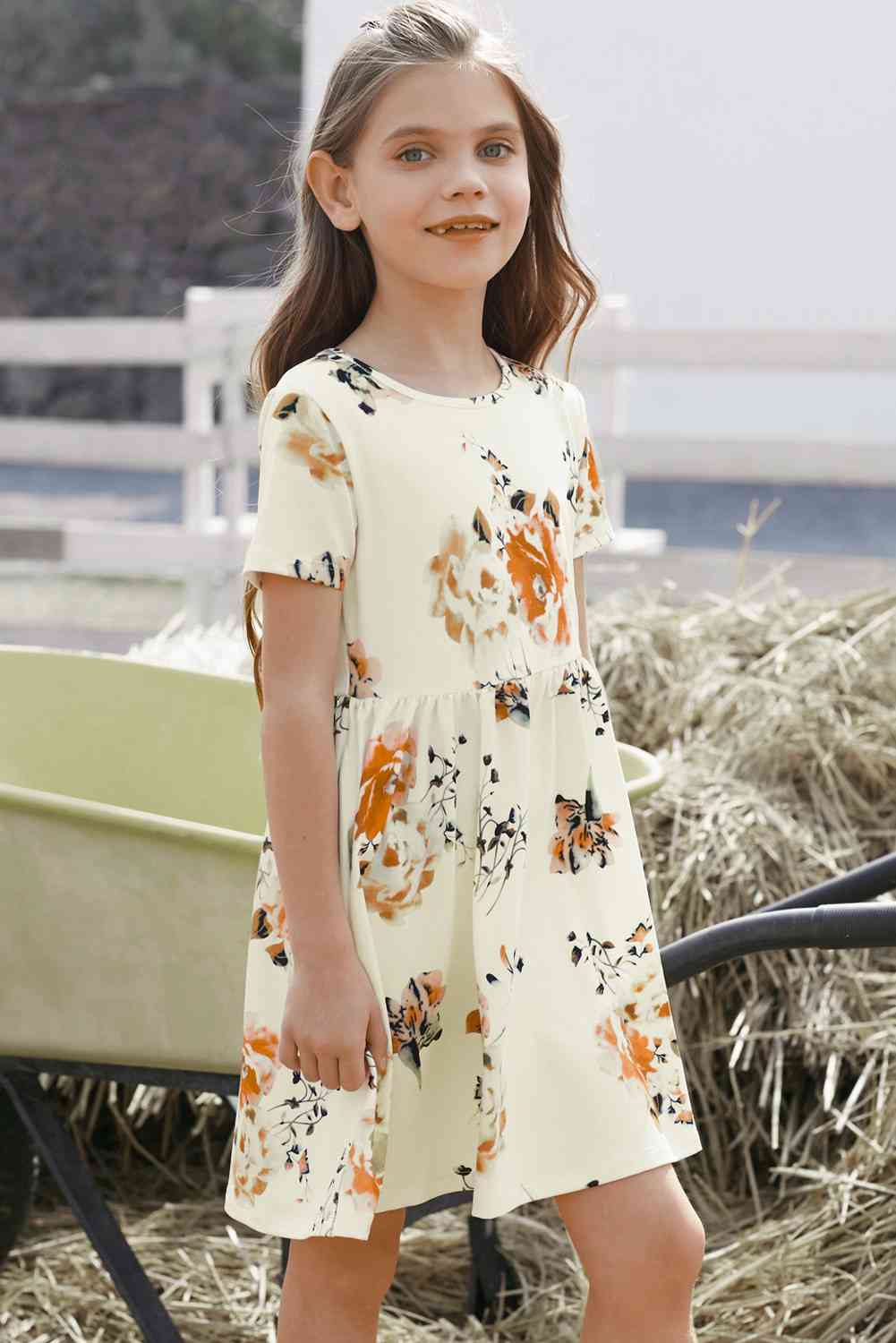 Girls Floral Short Sleeve Round Neck Dress Kids Fashion Clothing