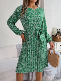 Ditsy Floral Tie Waist Pleated Long Sleeve Dress Women's Casual Wear and Workwear Fashion