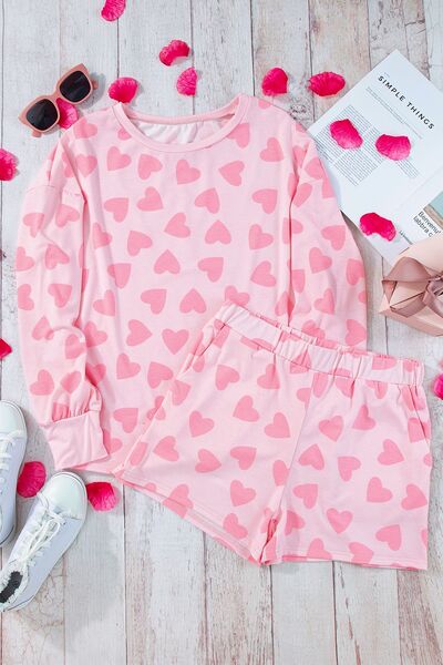 Heart Print Round Neck Top and Shorts Lounge Set Pajama Set Fashion Pajamas