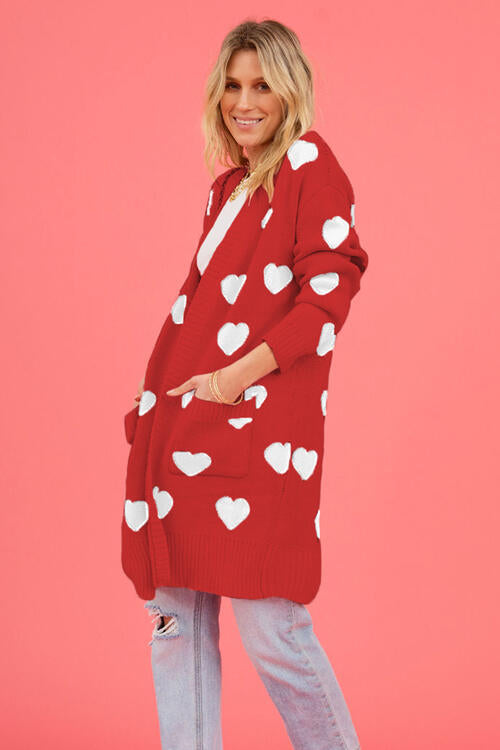 Heart Graphic Open Front Cardigan with Pockets Fashion Sweater