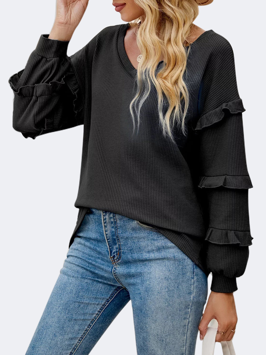 Women's Cotton Ruffled V-Neck Long Sleeve T-Shirt