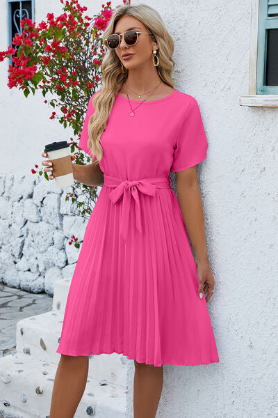 Ladies Pleated Tie Waist Short Sleeve Short Dress