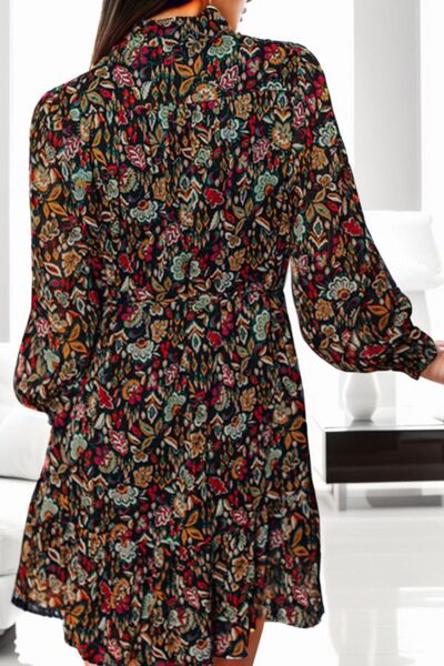 Womens Casual Printed Notched Long Sleeve Short Dress