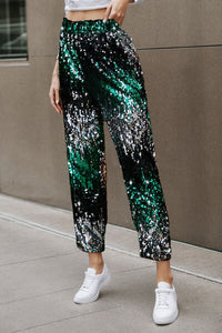 Womens Sparkly Pants Sequin Contrast High Waist Pants