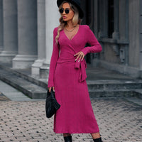 Womens Pink Ribbed Surplice Neck Waist Tied Long Sleeve Dress