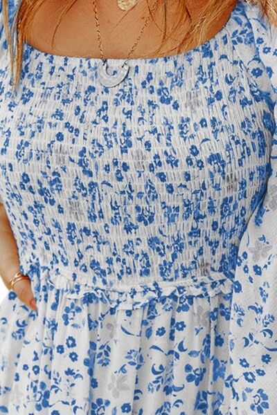 Women’s Dress Smocked Floral Square Neck Balloon Long Sleeve Short Dress