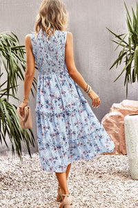 Frill Trim Smocked Sleeveless Floral Midi Dress