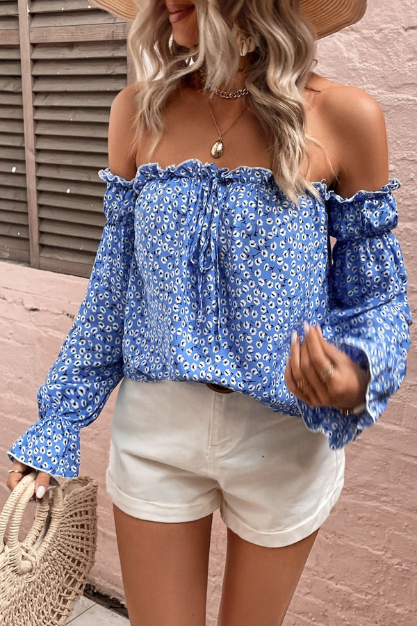 Women's Off Shoulder Shirt Blue Printed Frill Trim Blouse