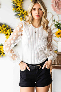 Womens Flower Sheer Top Double Take Textured Applique Long Sleeve Blouse