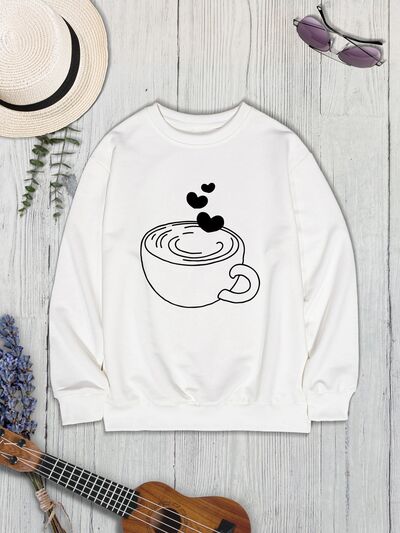 Coffee Lover Fashion Sweater Cup Graphic Round Neck Dropped Shoulder Sweatshirt