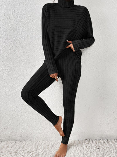 Womens Ribbed Turtleneck Top and Pants Set Loungewear Casual Fashion Sets